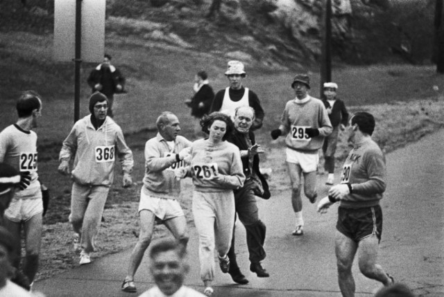 Kathrine Switzer becomes the first woman to run the Boston Marathon, despite attempts by the marathon organizer to stop her. [1967]